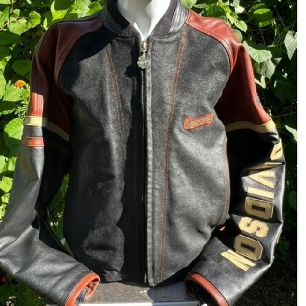 Harley-Davidson Bomber Jacket Mens XL Black Mahogany Leather Wool Embossed Logo